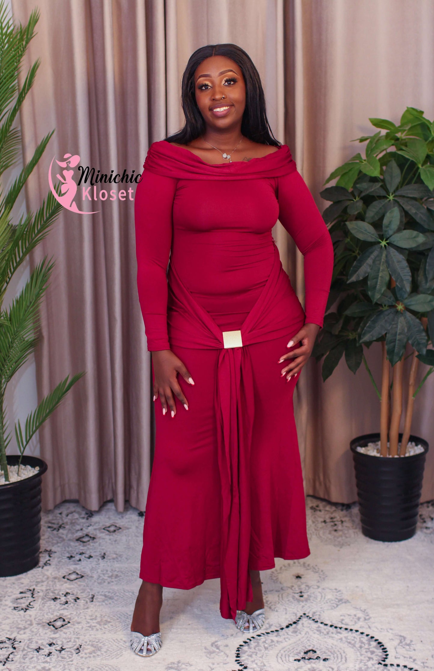 Maroon Long-Sleeve Maxi Dress – Elegant & Modest
