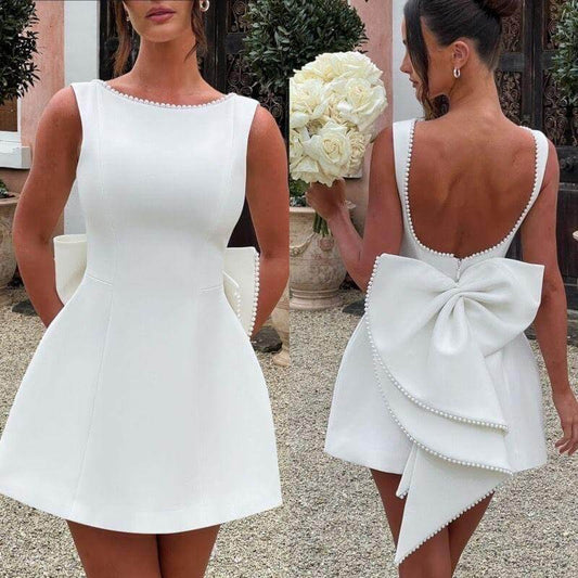 White Back-Bow Mini Dress – Elegant & Chic