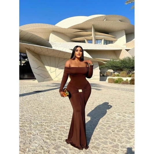 Brown Long-Sleeve Maxi Dress – Elegant & Modest