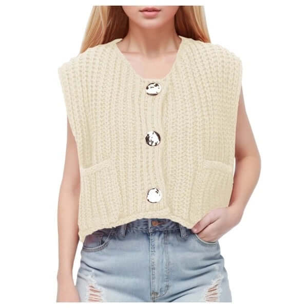 Beige Knit Button Crop Top