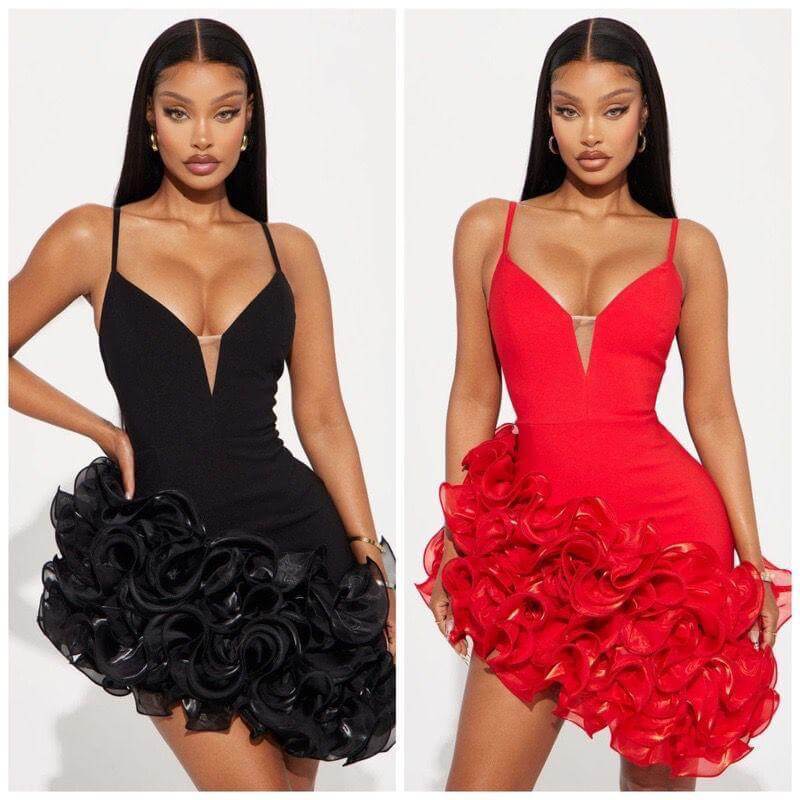 Rose Ruffle Bodycon Mini Dress – Red or Black