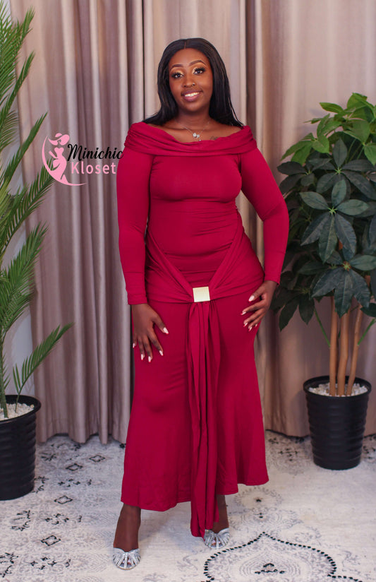 Maroon Long-Sleeve Maxi Dress – Elegant & Modest