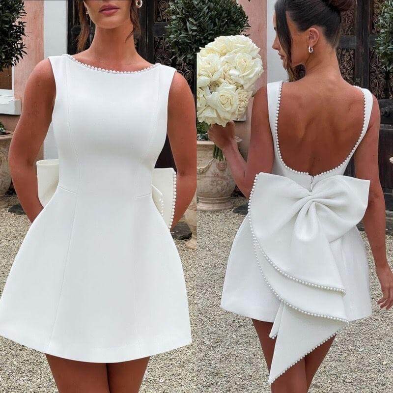 White Back-Bow Mini Dress – Elegant & Chic