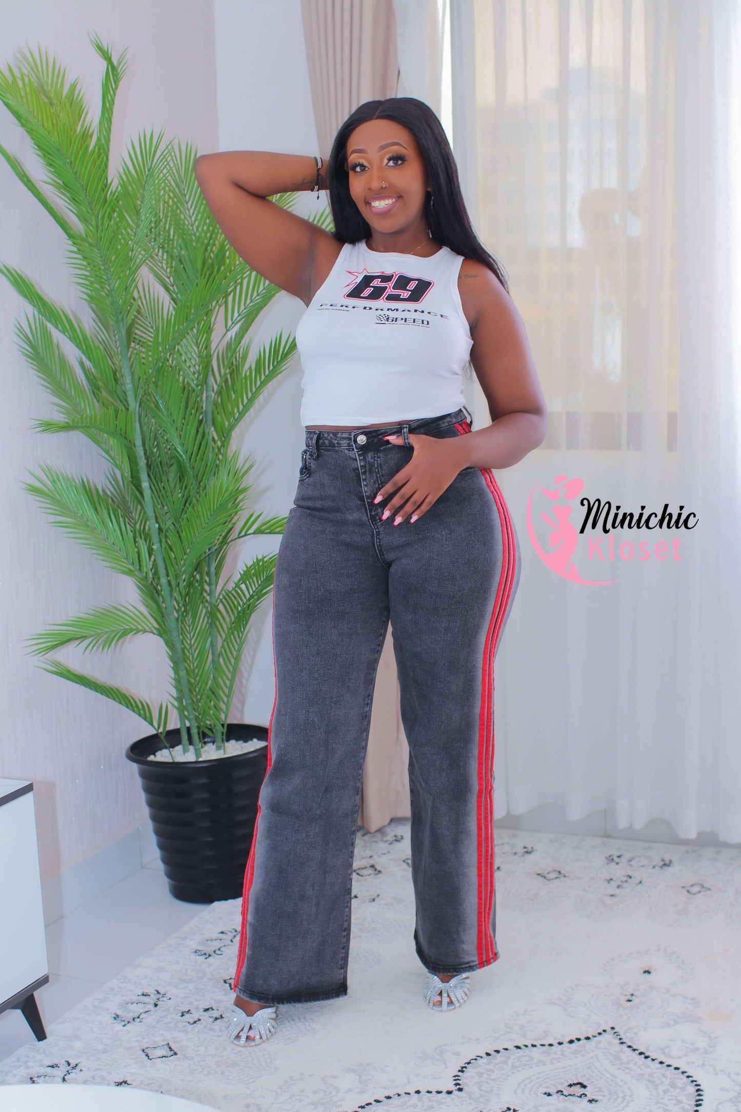 High-Waist Side Stripe Wide-Leg Jeans – Grey & Red