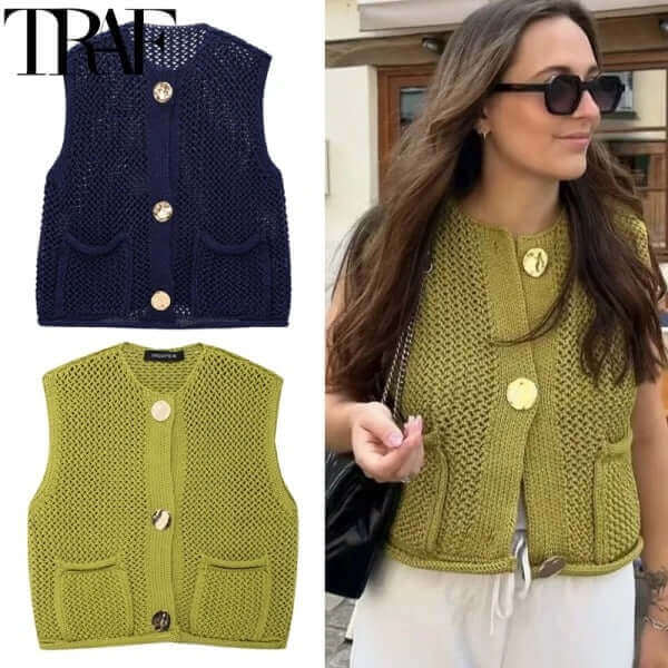 Olive Green Knit Button Crop Top