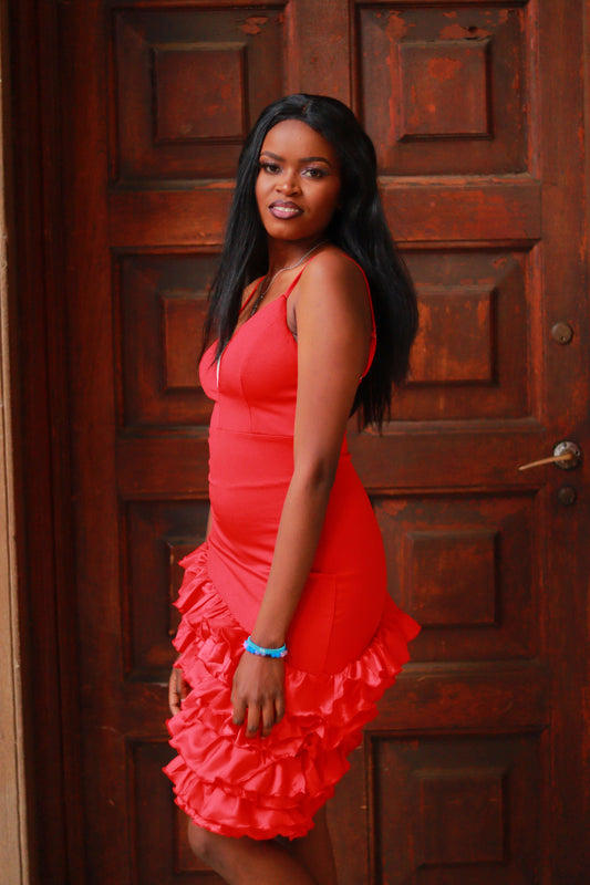 Rose Ruffle Bodycon Mini Dress – Red or Black