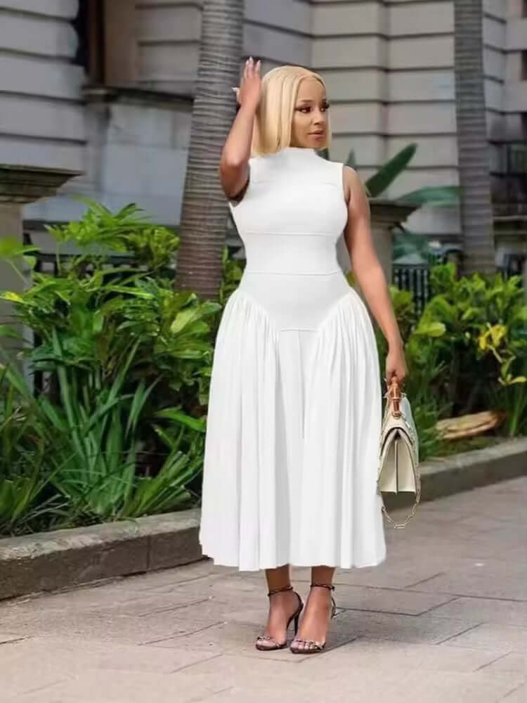 Elegant White Pleated Midi Dress – Classic & Chic Look