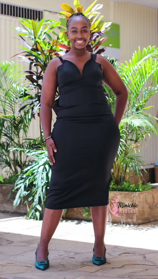 Sultry Bodycon Midi Dress – Black