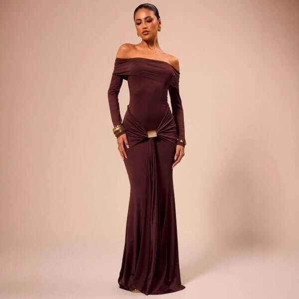 Brown Long-Sleeve Maxi Dress – Elegant & Modest