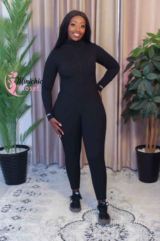 Black Ribbed Zip-Up Jumpsuit