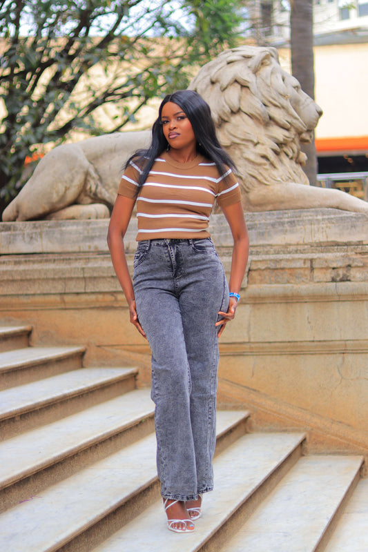 Brown Striped Knit Crop Top