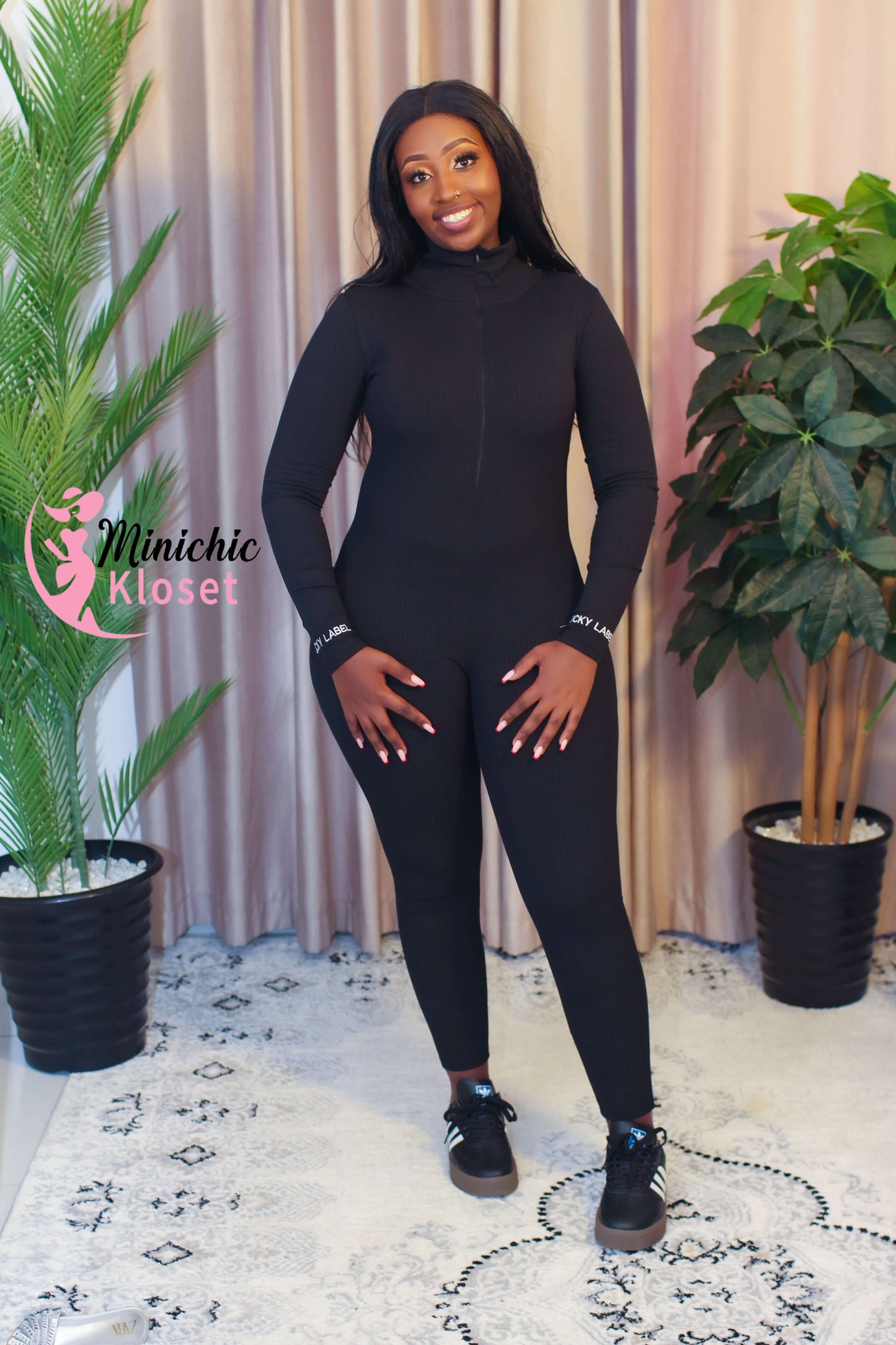 Black Ribbed Zip-Up Jumpsuit