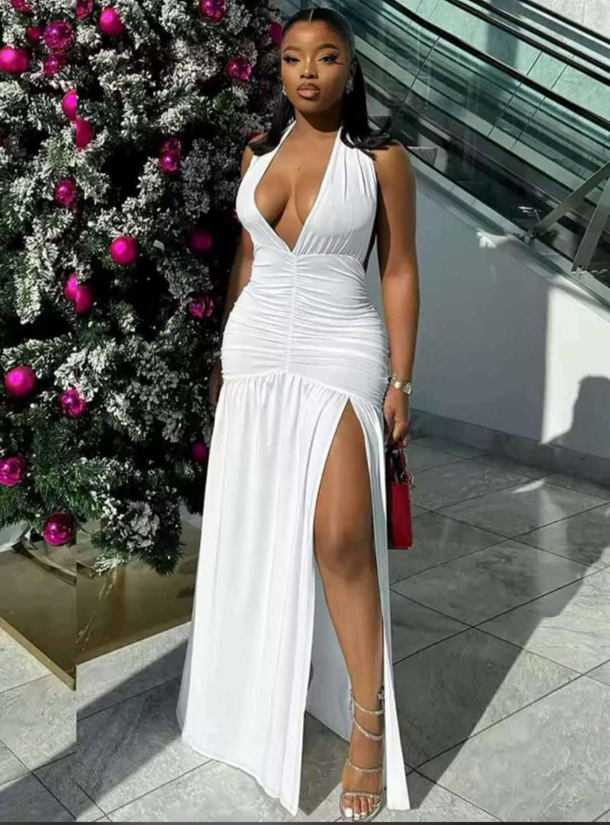 White Halter Neck High-Slit Dress – Glamorous & Sexy