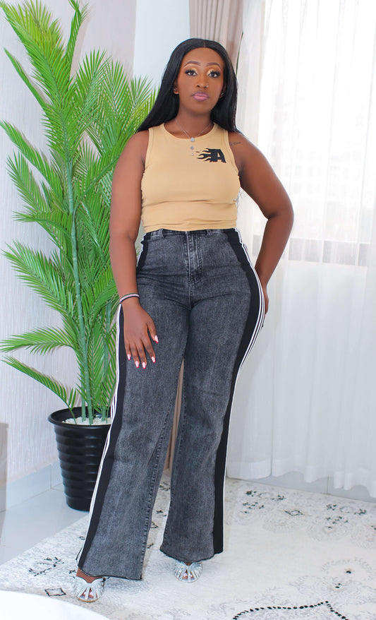 High-Waist Side Stripe Wide-Leg Jeans – Grey & White