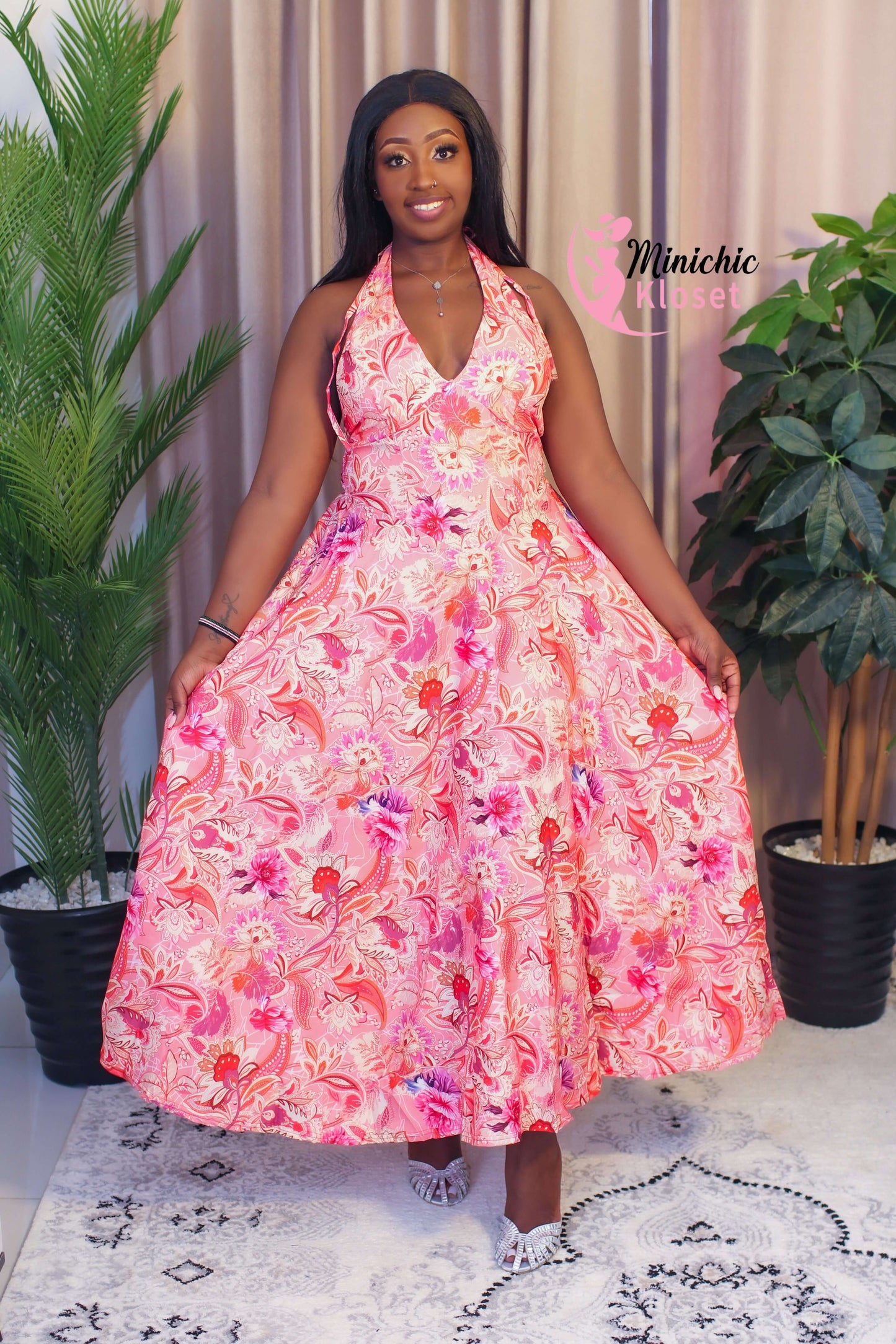 Bloom & Twirl Halter Maxi Dress – Pink Floral