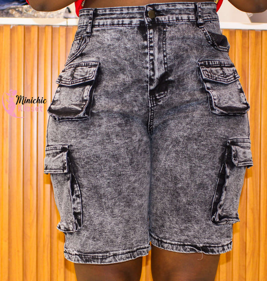 Acid Wash High-Waist Cargo Jorts – Grey