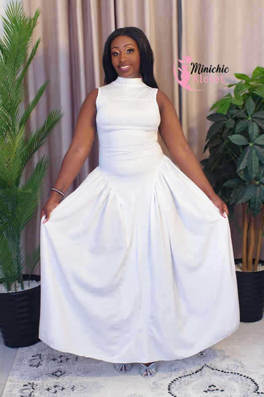 Elegant White Pleated Midi Dress – Classic & Chic Look