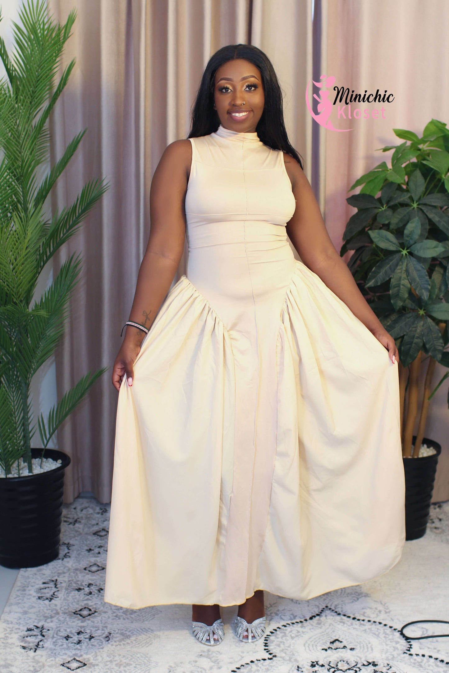 Beige Pleated Midi Dress – Classy, Modest & Elegant