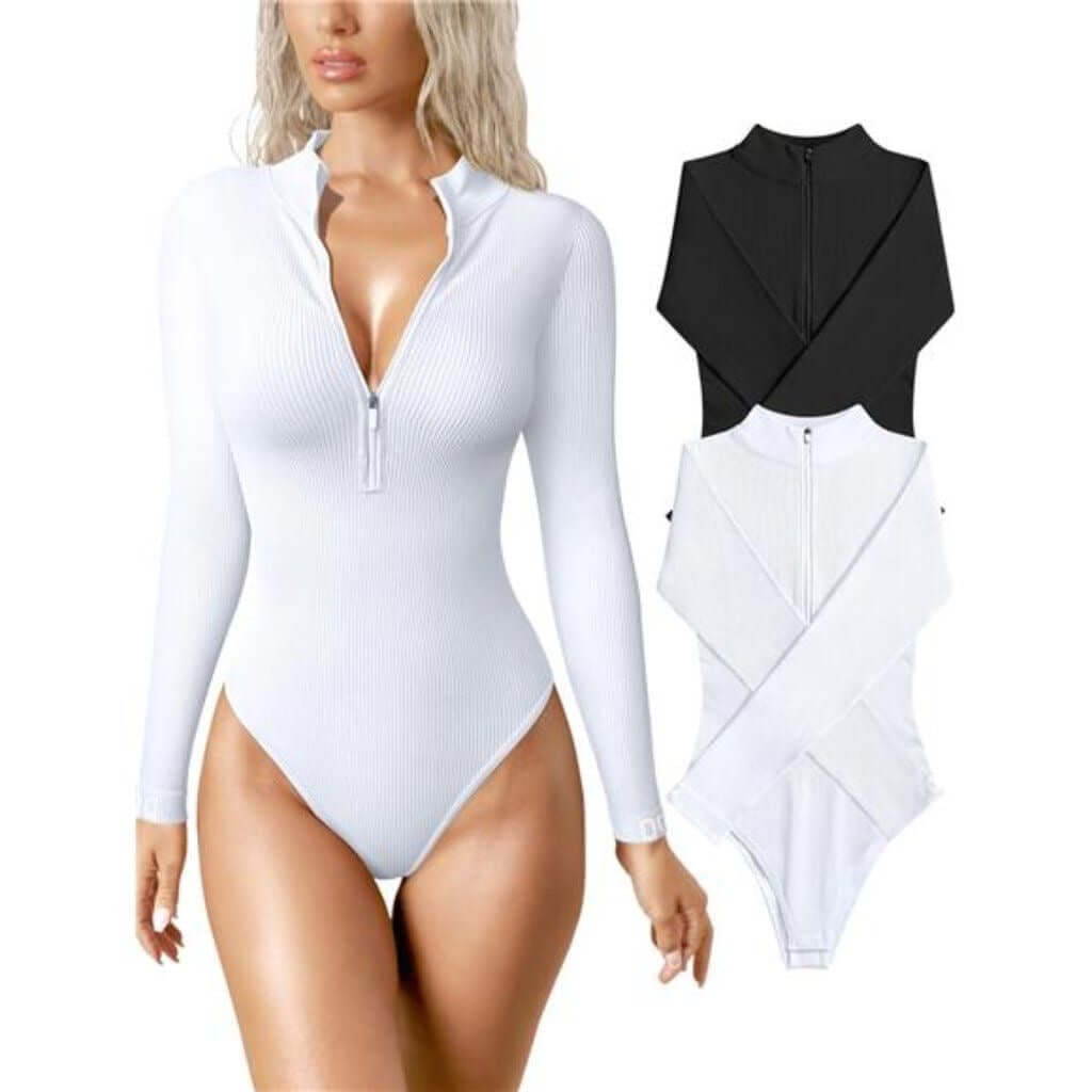 Zip Front Long Sleeve Bodysuit – white