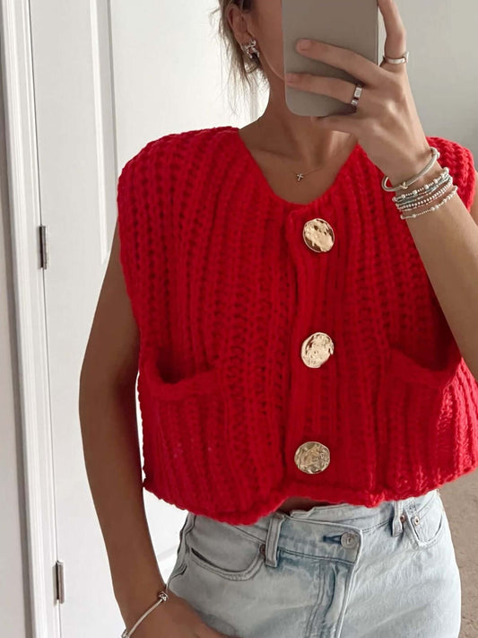 Chunky Red Knit Button Crop Top