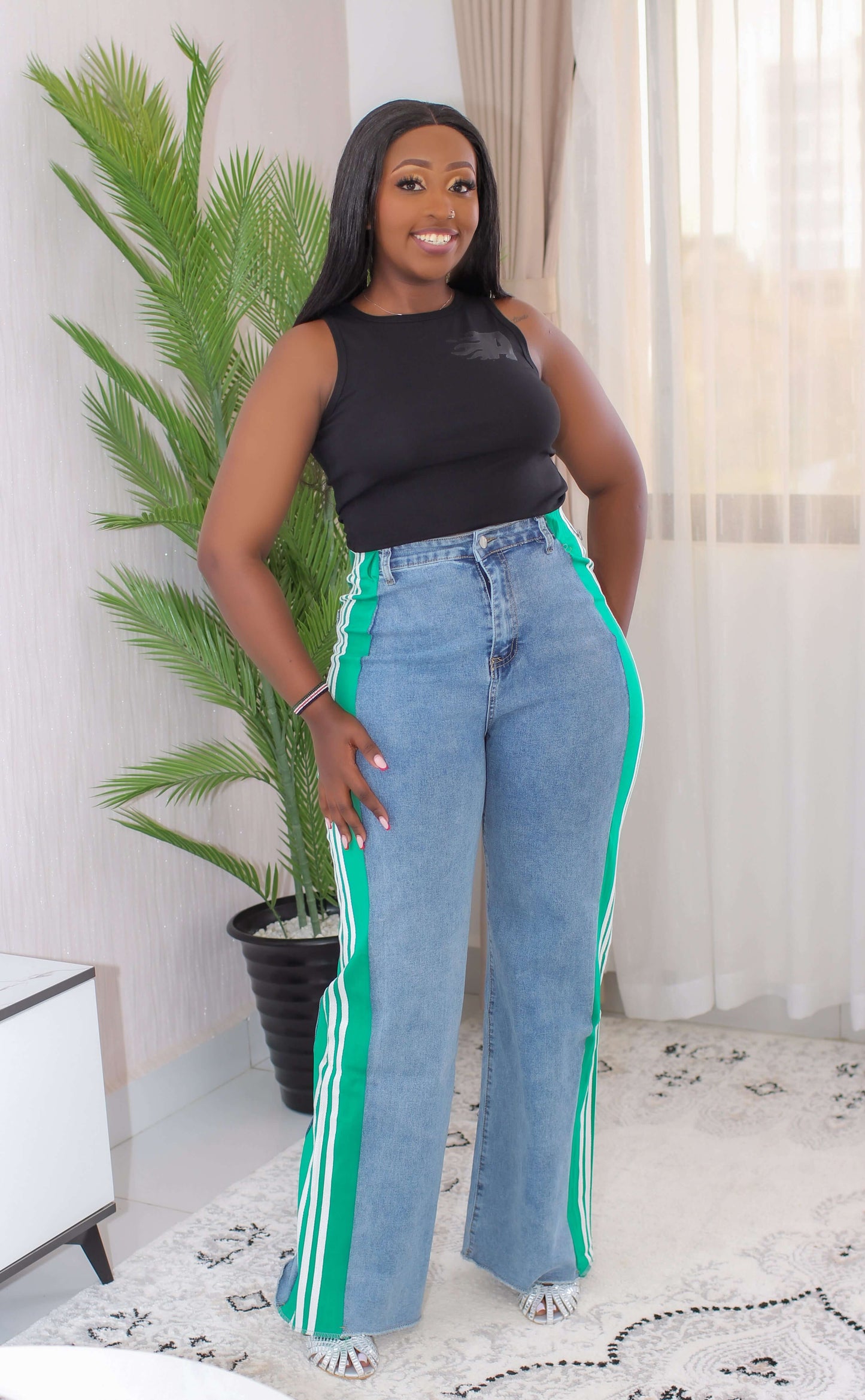 High-Waist Side Stripe Wide-Leg Jeans – Blue & Green