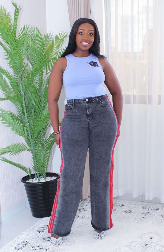 High-Waist Side Stripe Wide-Leg Jeans – Grey & Red