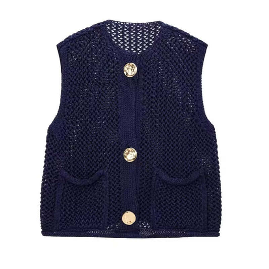 Navy blue Knit Button Crop Top