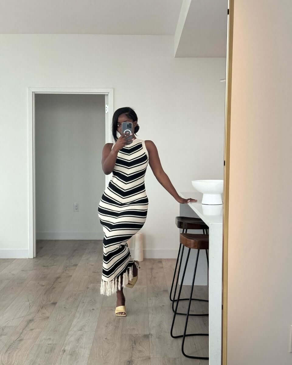 Striped Bodycon Tassel Dress – Black & White Casual Chic