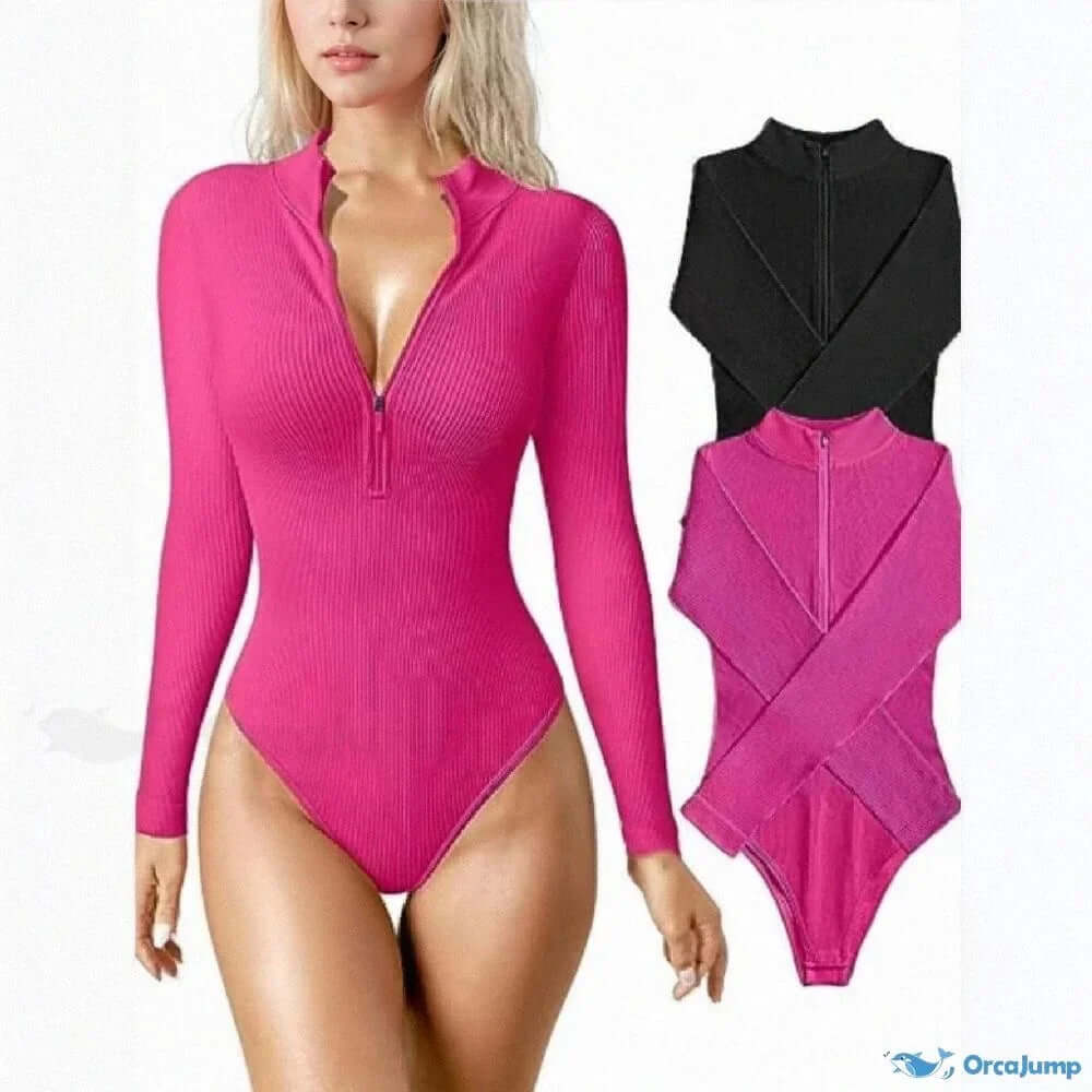 Zip Front Long Sleeve Bodysuit – Hot Pink - Minichic collection 