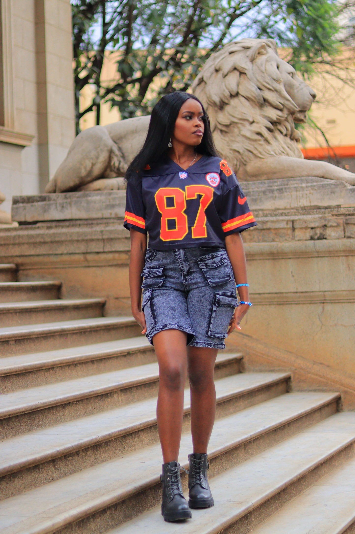 Acid Wash High-Waist Cargo Jorts – Grey