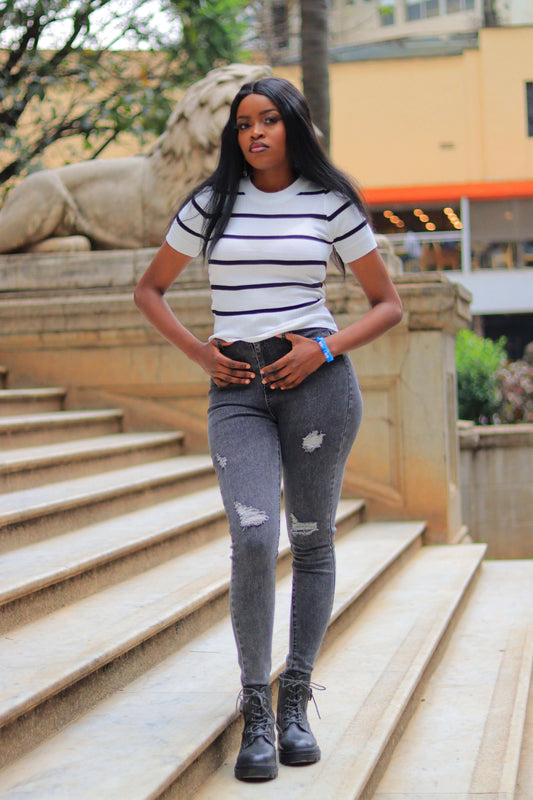 White Striped Knit Crop Top