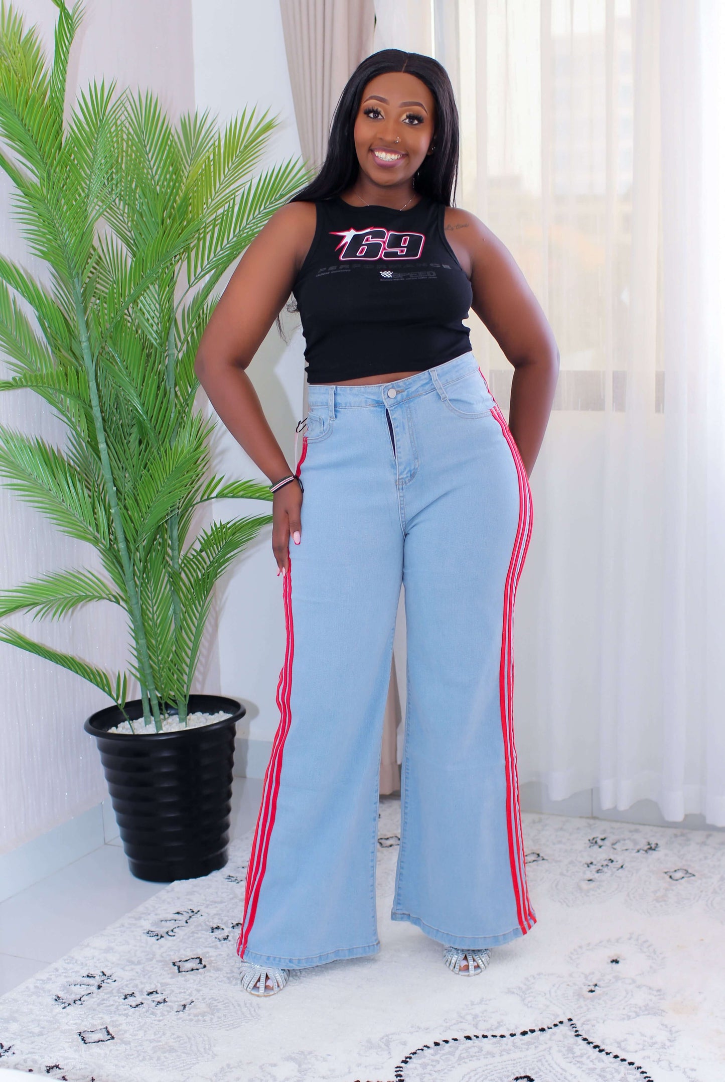 High-Waist Side Stripe Wide-Leg Jeans – Blue & Red